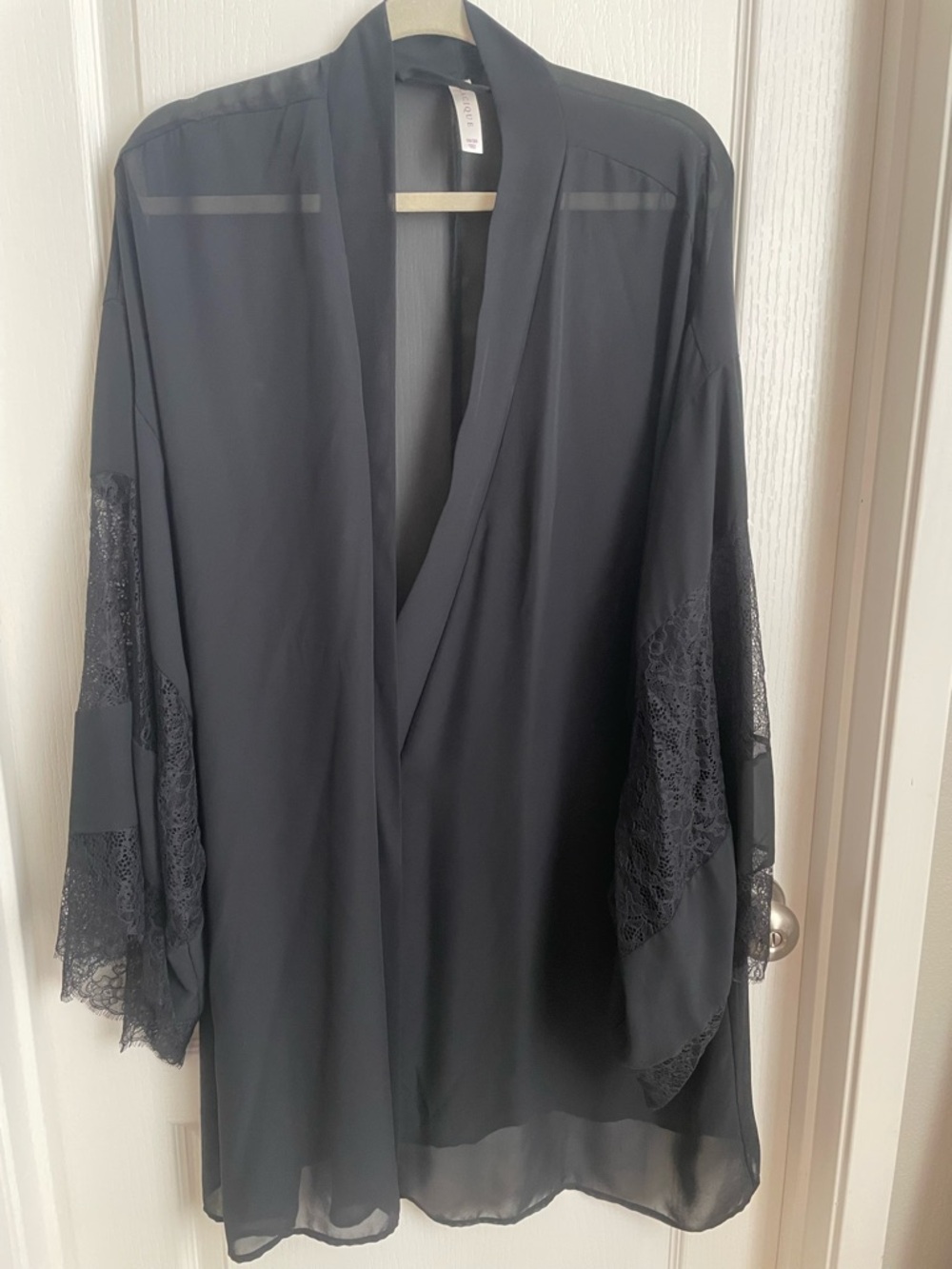 Cacique Black Sheer Lace-Trim Kimono Swim Robe